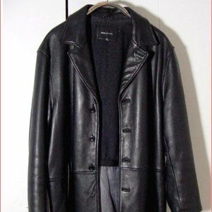 Vtg Jones new York Black Leather Button Long Jacket Sz 2XL
